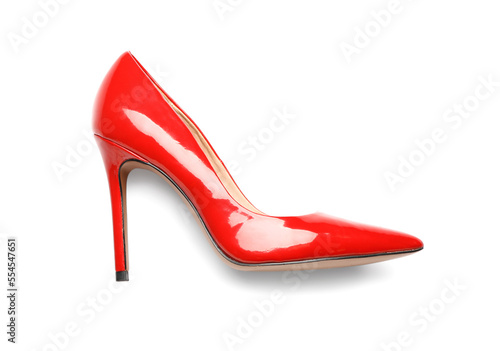 Red female shoe on white background