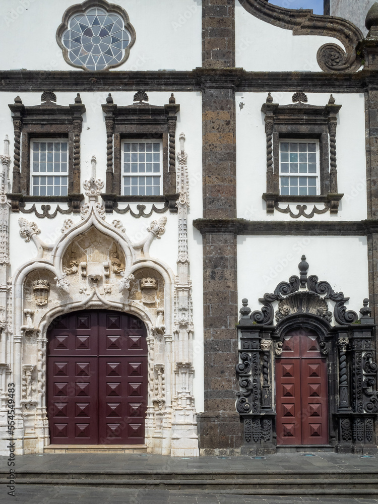 Igreja Matriz de São Sebastião façade doors in Manueline style, Ponta Delgada