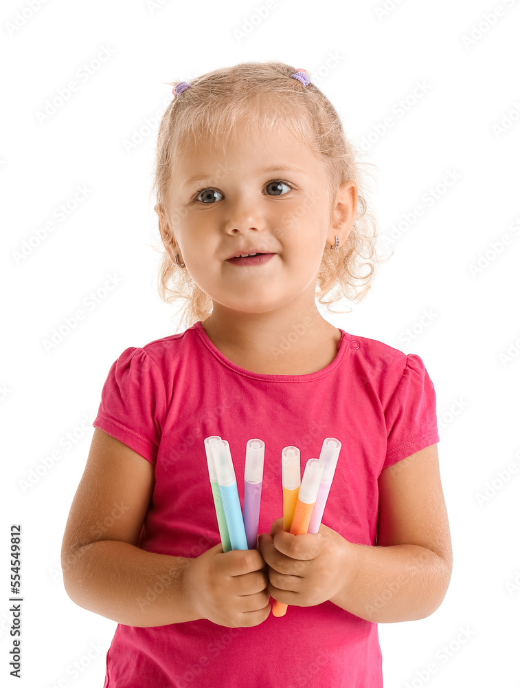 Cute little girl with felt-tip pens on white background Cute little girl with felt-tip pens on white background