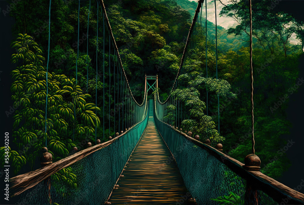 Fototapeta premium Observation of the suspension bridge across the Costa Rican jungle. Generative AI