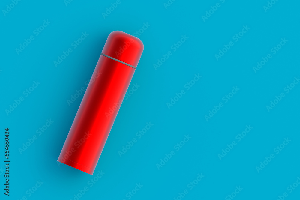 Red thermos on blue background. Metallic thermo flask. Copy space. Top view. 3d rendering Red thermos on blue background. Metallic thermo flask. Copy space. Top view. 3d rendering