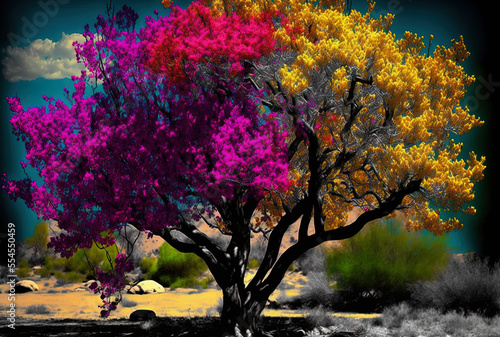 Wild tree blooms in many colors. Possibly in a park. Generative AI