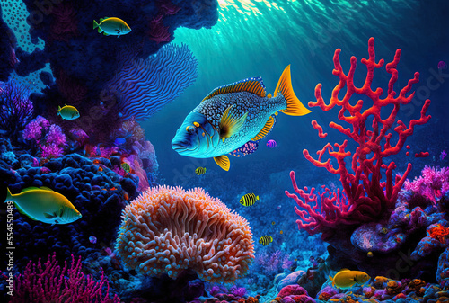 Beautiful coral reefs and fish with vibrant colors in the ocean. Generative AI © 2rogan