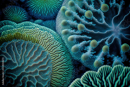 Coral reef macro texture, abstract backdrop of a marine habitat. Generative AI