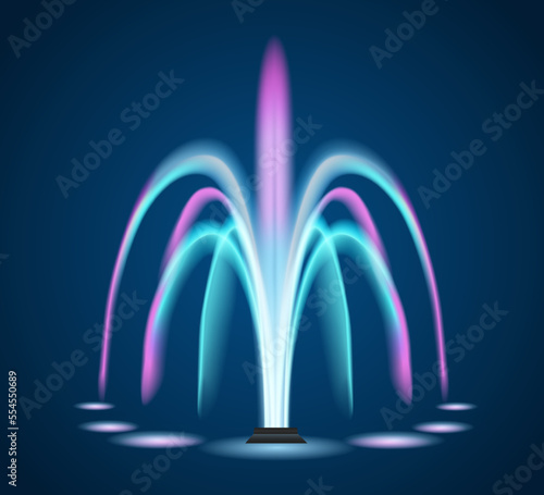 A beautiful fountain with multi-colored illumination on a dark background. Realistic vector illustration.