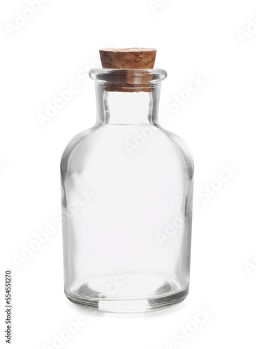 Glass bottle with cork on white background