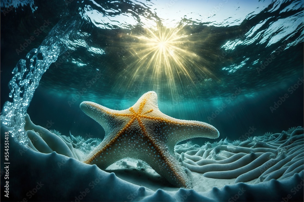 Sea stars are ancient marine animals. Decoration of the depth of the  seabed. Underwater nature, sun rays through the water. Ocean floor. AI  Stock Illustration