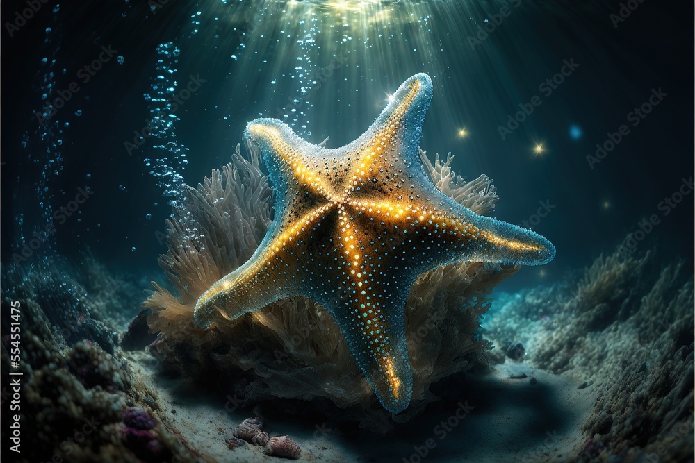 Sea stars are ancient marine animals. Decoration of the depth of the seabed. Underwater nature, sun rays through the water. Ocean floor. AI Sea stars are ancient marine animals. Decoration of the depth of the seabed. Underwater nature, sun rays through the water. Ocean floor. AI