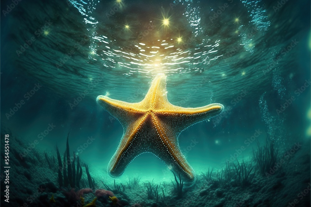 Sea stars are ancient marine animals. Decoration of the depth of the seabed. Underwater nature, sun rays through the water. Ocean floor. AI Sea stars are ancient marine animals. Decoration of the depth of the seabed. Underwater nature, sun rays through the water. Ocean floor. AI