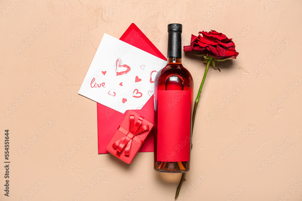 Card with drawn hearts, bottle of wine, rose and gift on beige background. Valentine's Day celebration