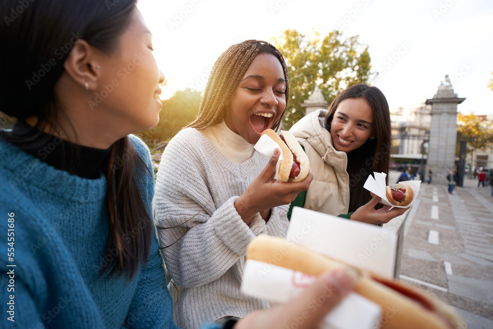 Group of cheerful Girls Eating Take Away Street Food while Sitting on the Bench in the in the beautiful Part of the City. Three Happy Girlfriends taking hot dogs in the Park Group of cheerful Girls Eating Take Away Street Food while Sitting on the Bench in the in the beautiful Part of the City. Three Happy Girlfriends taking hot dogs in the Park