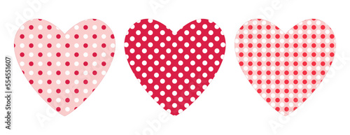 Clip art hearts set in polka dots textures in different red and pink colours. Isolated background. Design for Valentine’s Day, Weddings, Mother’s day celebration, greeting cards, invitations, textile.