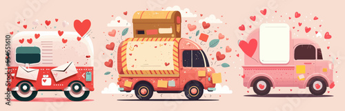 A love letter. A car delivering romantic letters with an inscription and congratulations on February 14. Cute baby truck with lots of envelopes and letters with hearts. Vector illustration