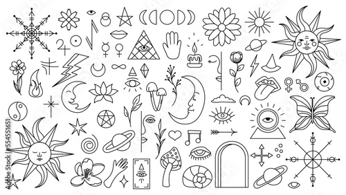 Magic background in retro style with hand drawn elements. Decorative mystical vector isolated pattern. editable stroke stickers. Esoteric element in minimalism. Collection of occult symbols tattoo art
