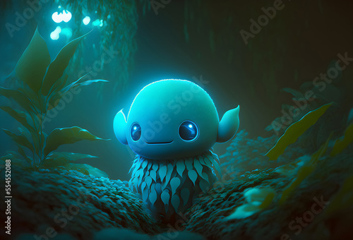 Illustration of a curious, bashful alien in glowing cyan jungle
