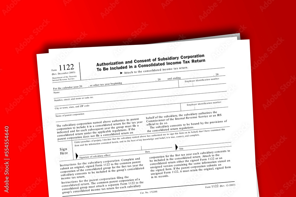 Fototapeta premium Form 1122 documentation published IRS USA 07.17.2012. American tax document on colored