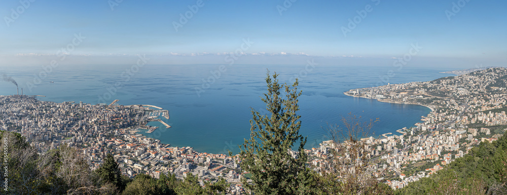 Fototapeta premium Aerial panoramic view to Jounieh city and bay from Harissa mountain, Lebanon