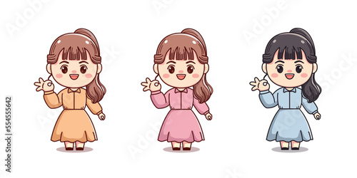 set of cute girl with ok sign mascot outlined vector character cartoon illustration