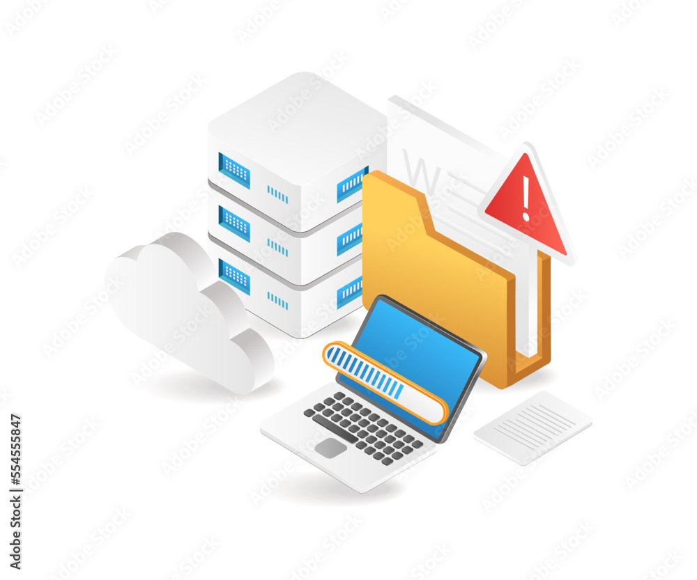 Flat isometric 3d illustration cloud server data problem control process