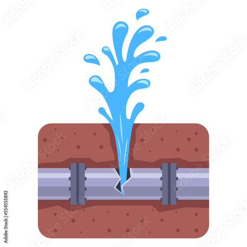 breakthrough of an iron pipe underground. fountain of water from a rusted pipe. flat vector illustration.