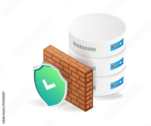 Flat isometric 3d illustration of database server security wall