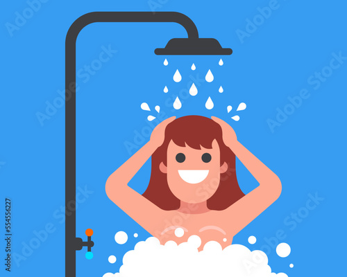 naked girl washes in the shower. morning shower. flat vector illustration.