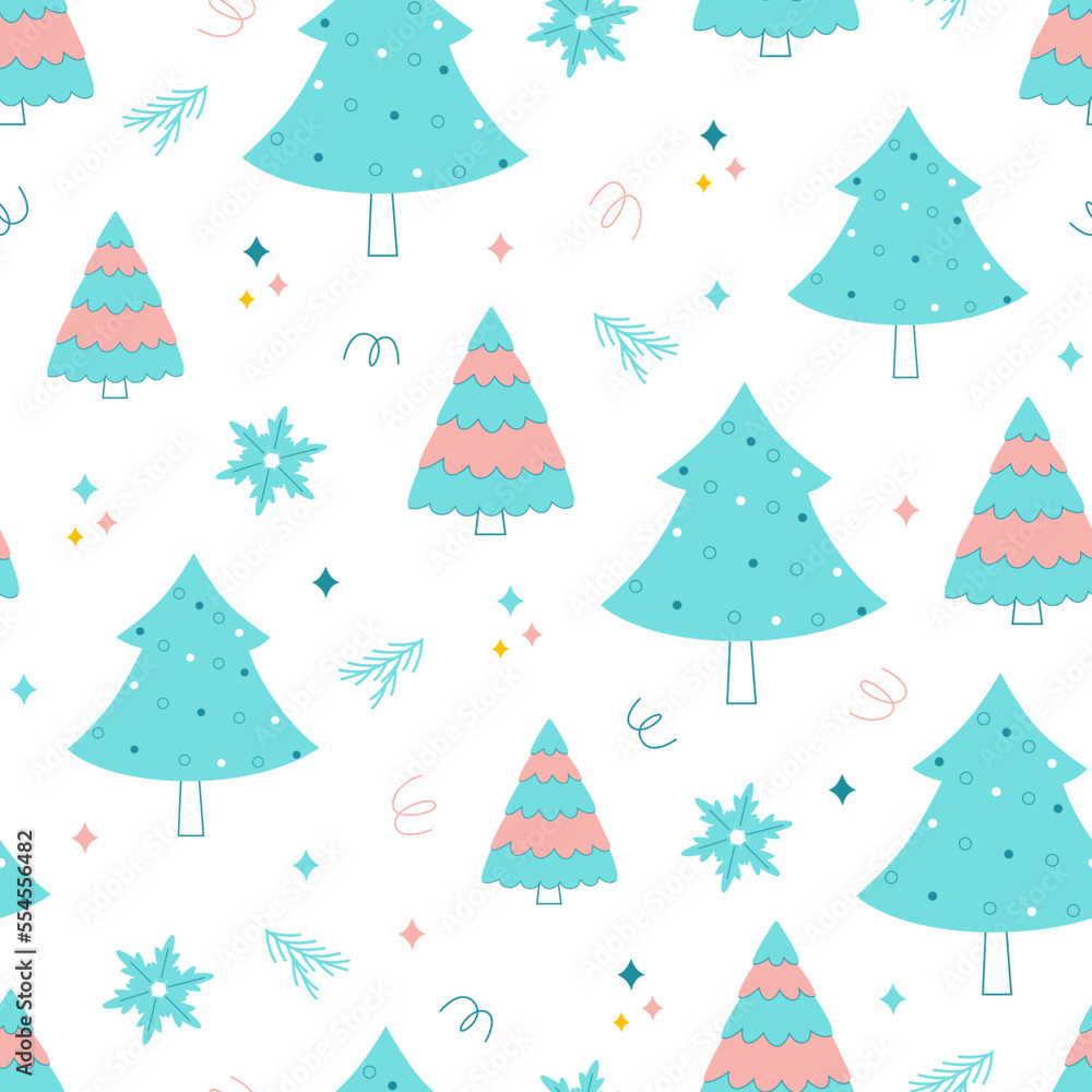 Cute winter pattern with Christmas trees and snowflakes hand drawn in doodle style. Funny seamless vector print for wrapping paper, kids textile design Cute winter pattern with Christmas trees and snowflakes hand drawn in doodle style. Funny seamless vector print for wrapping paper, kids textile design