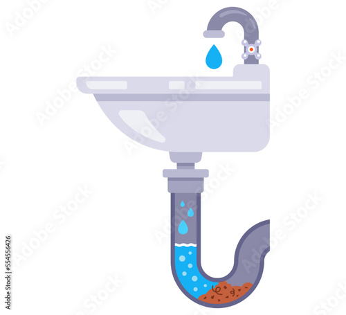 sink clogging. blockage in the pipe. flat vector illustration.
