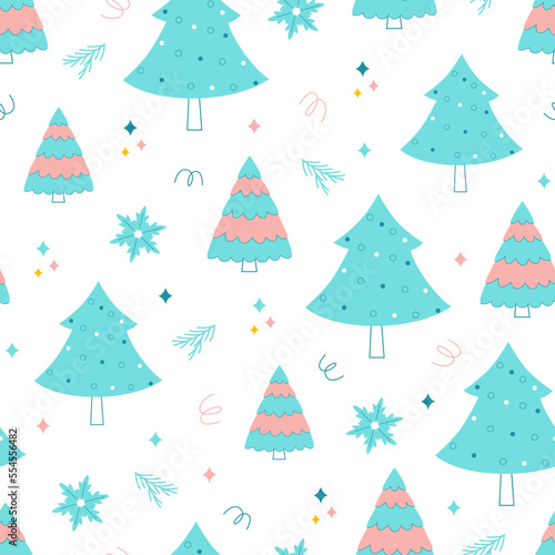 Cute winter pattern with Christmas trees and snowflakes hand drawn in doodle style. Funny seamless vector print for wrapping paper, kids textile design © Plameniya