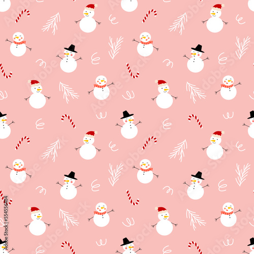 Cute winter seamless pattern with snowman and candy cane. Funny childish festive print for textile, wrapping paper
