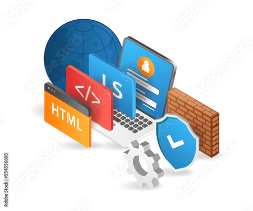 Flat isometric 3d illustration of secure programming language for web application developer