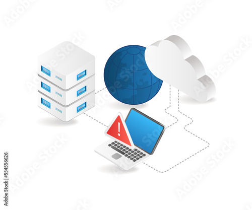 Flat isometric 3d illustration of world cloud server problem control