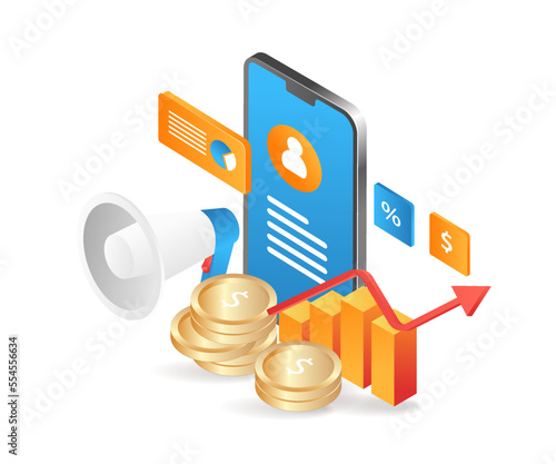 Flat isometric 3d illustration online business campaign with cell phone