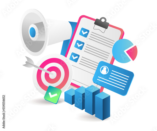Flat isometric 3d illustration online business plan checklist campaign