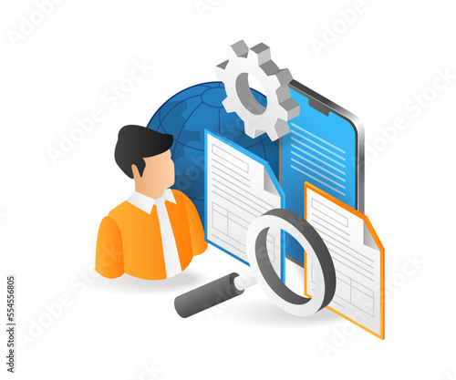 Flat isometric 3d illustration process of sorting data in smartphone folder
