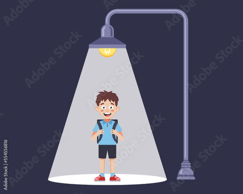 a man walks down the street at night lit by a lamppost. flat vector illustration.
