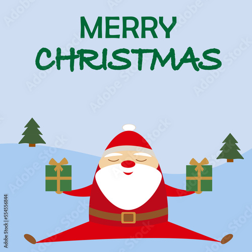 Merry Christmas post card with fanny  santa hat and big red nose holding green gift box with yellow ribbon and bow sitting on splits. pine trees on blue background