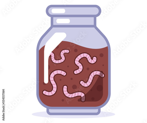 glass jar with earth and worms for fishing. flat vector illustration