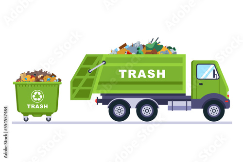 green truck and plastic trash can. flat vector illustration.