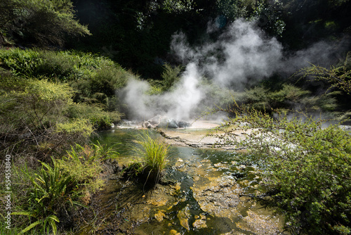 Steam rising at waimangu volcanic valley in Rotorua New Zealand photo