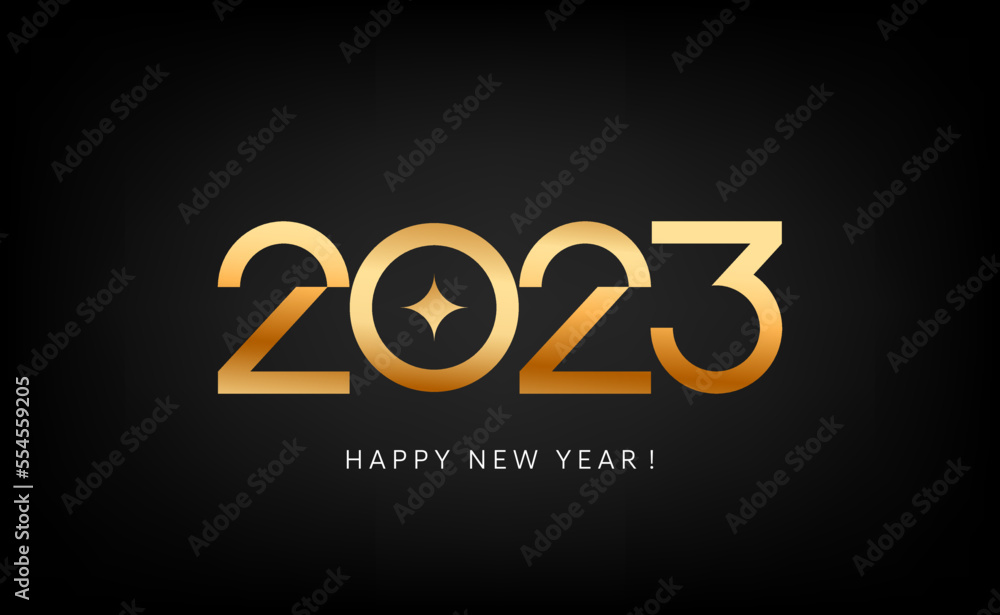 Modern 2023 new year greetings. The minimal gold numbers design concept is isolated on black background. Vector