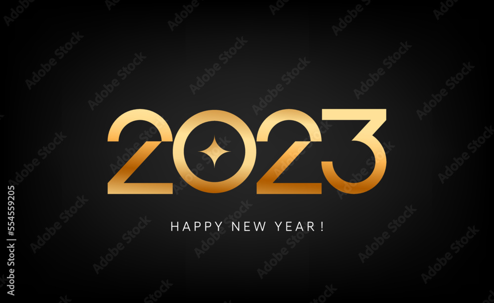 Modern 2023 new year greetings. The minimal gold numbers design concept is isolated on black background. Vector Modern 2023 new year greetings. The minimal gold numbers design concept is isolated on black background. Vector