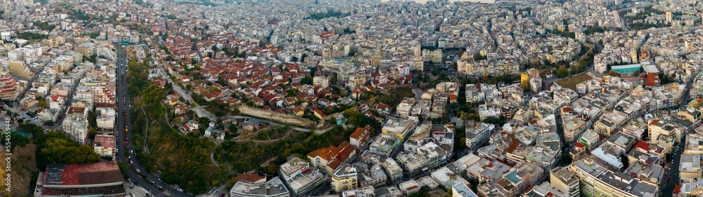Aerial view of the city Thessaloniki in Greece in the early morning in fall