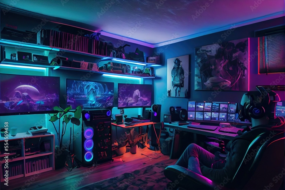 Cyberpunk gaming room with flat screen and neon lights, generative ai ...