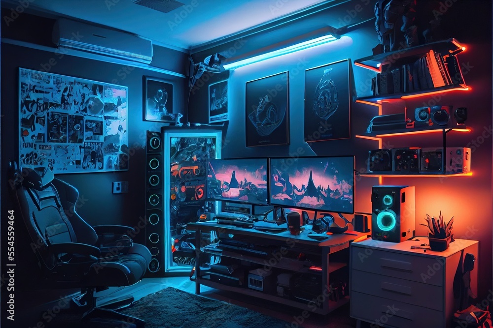 Cyberpunk gaming room with flat screen and neon lights, generative ai ...