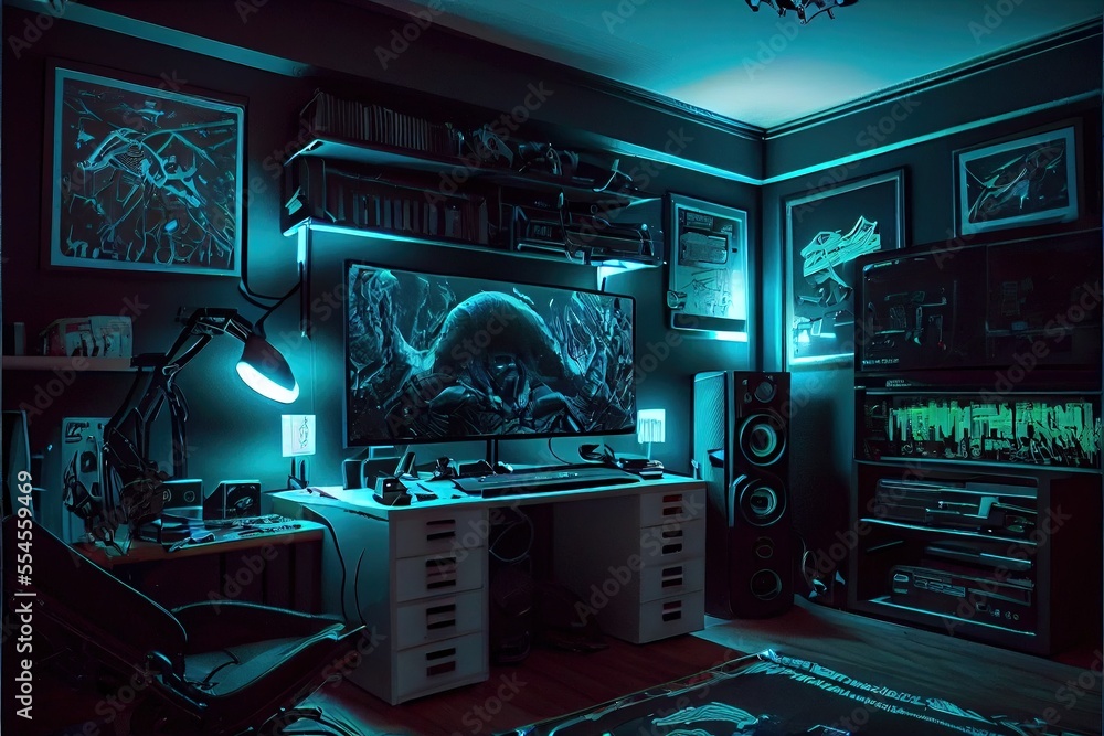Cyberpunk gaming room with flat screen and neon lights, generative ai
