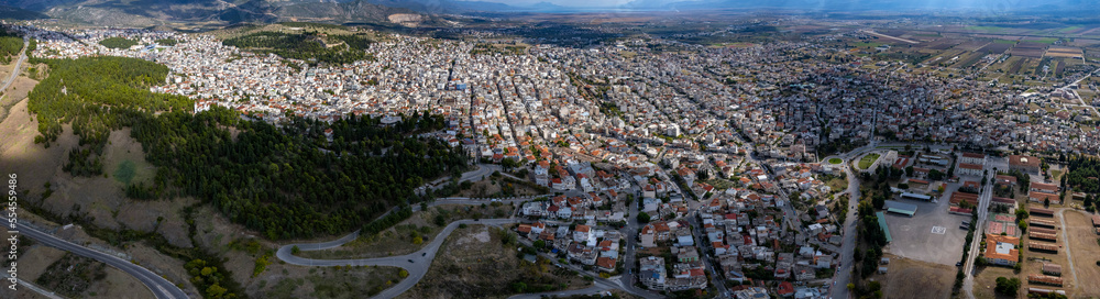 Aerial view around the city Lamia in Greece on a sunny day in autumn	