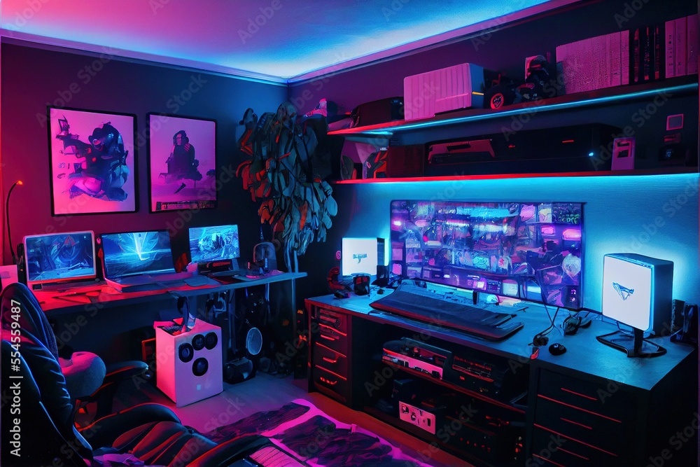 Cyberpunk gaming room with flat screen and neon lights, generative ai Cyberpunk gaming room with flat screen and neon lights, generative ai