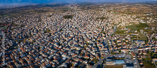 Aerial view around the city katerini in Greece on an early sunny morning in autumn	 photo