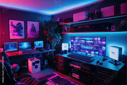 Cyberpunk gaming room with flat screen and neon lights  generative ai